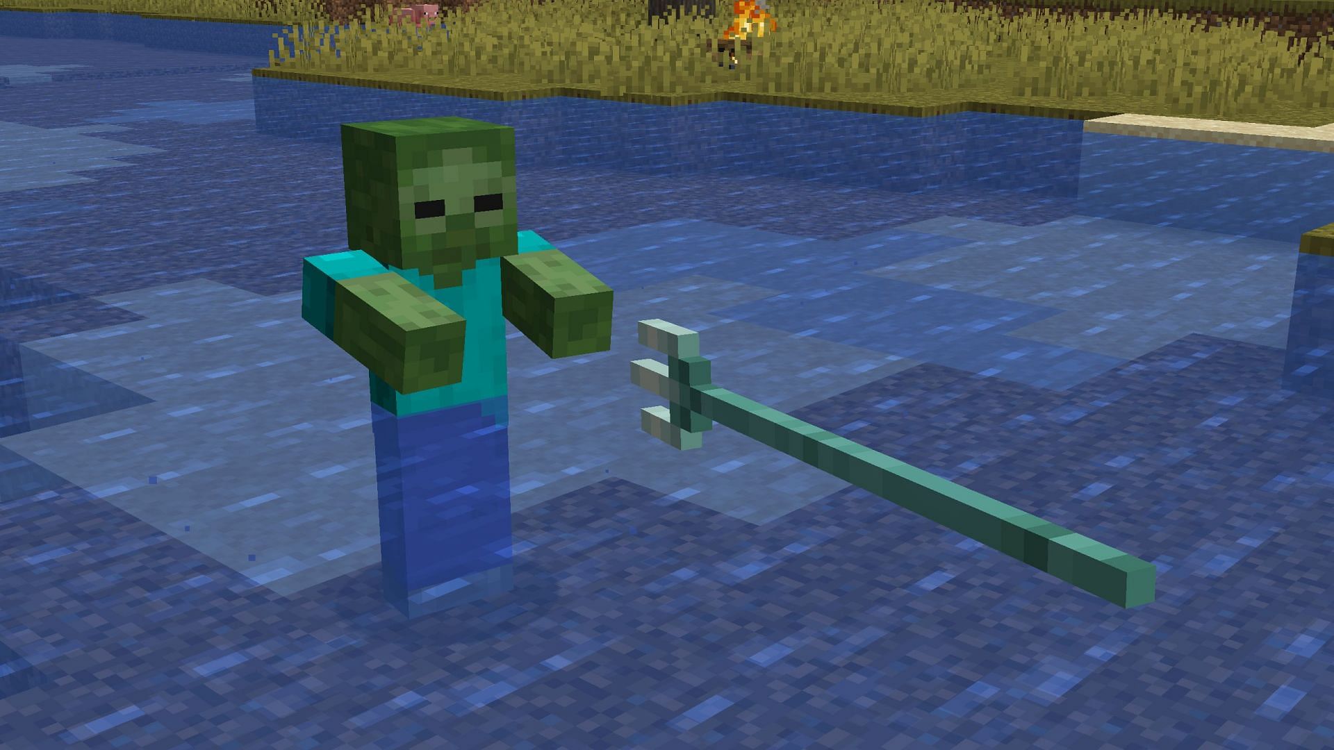 In Bedrock Edition, impaling increases a trident's damage even if a regular mob is in contact with water (Image via Sportskeeda Gaming || Mojang Studios)